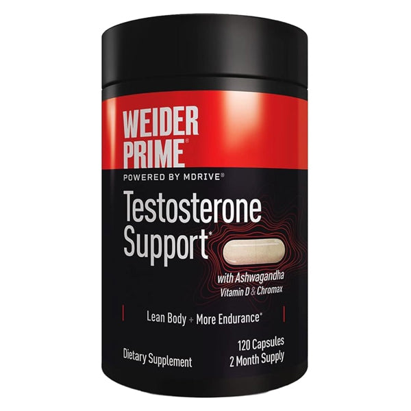 Weider Prime Testosterone Support with Ashwagandha 120 Capsules by Weider contains Ashwagandha KSM-66, vitamin D, and Chromax for effective testosterone support. The black bottle offers 120 capsules per pack.